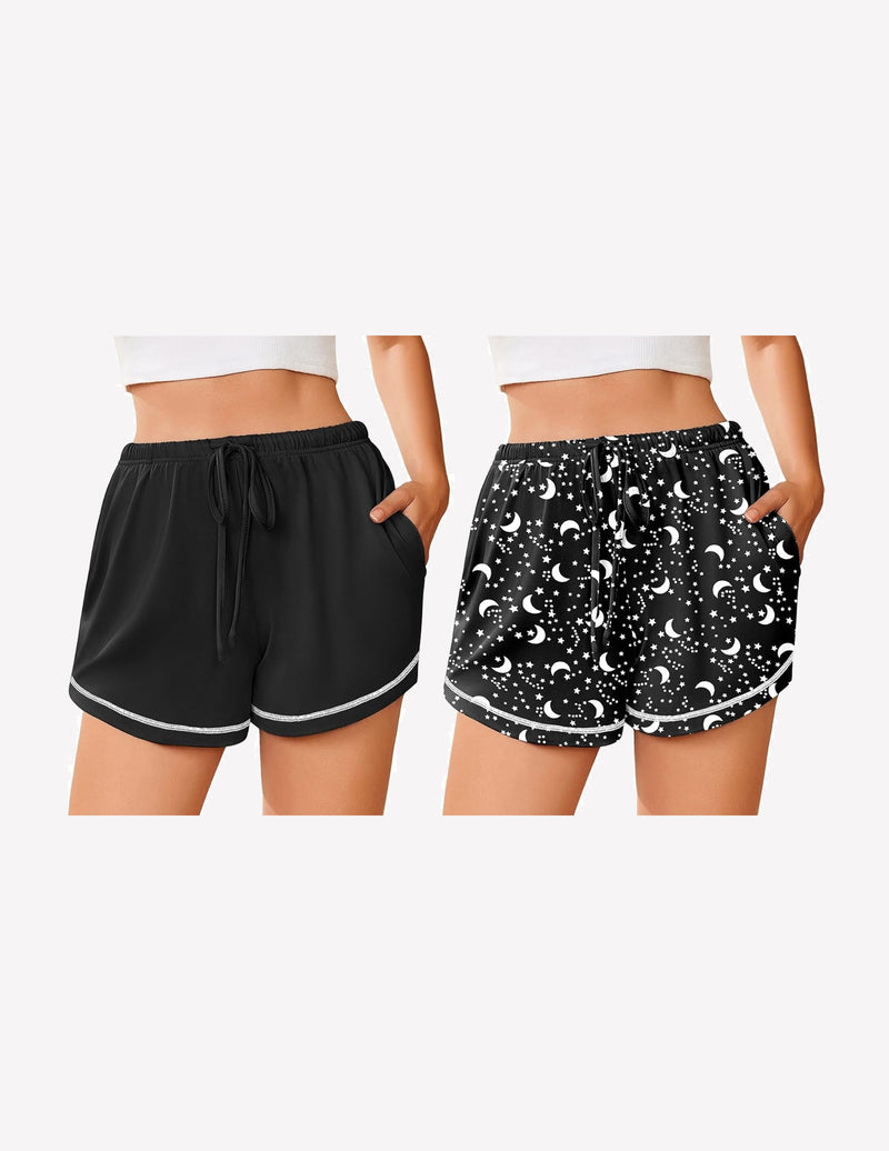 Women’s pajama shorts set, solid black and black with white crescent print, drawstring waist
