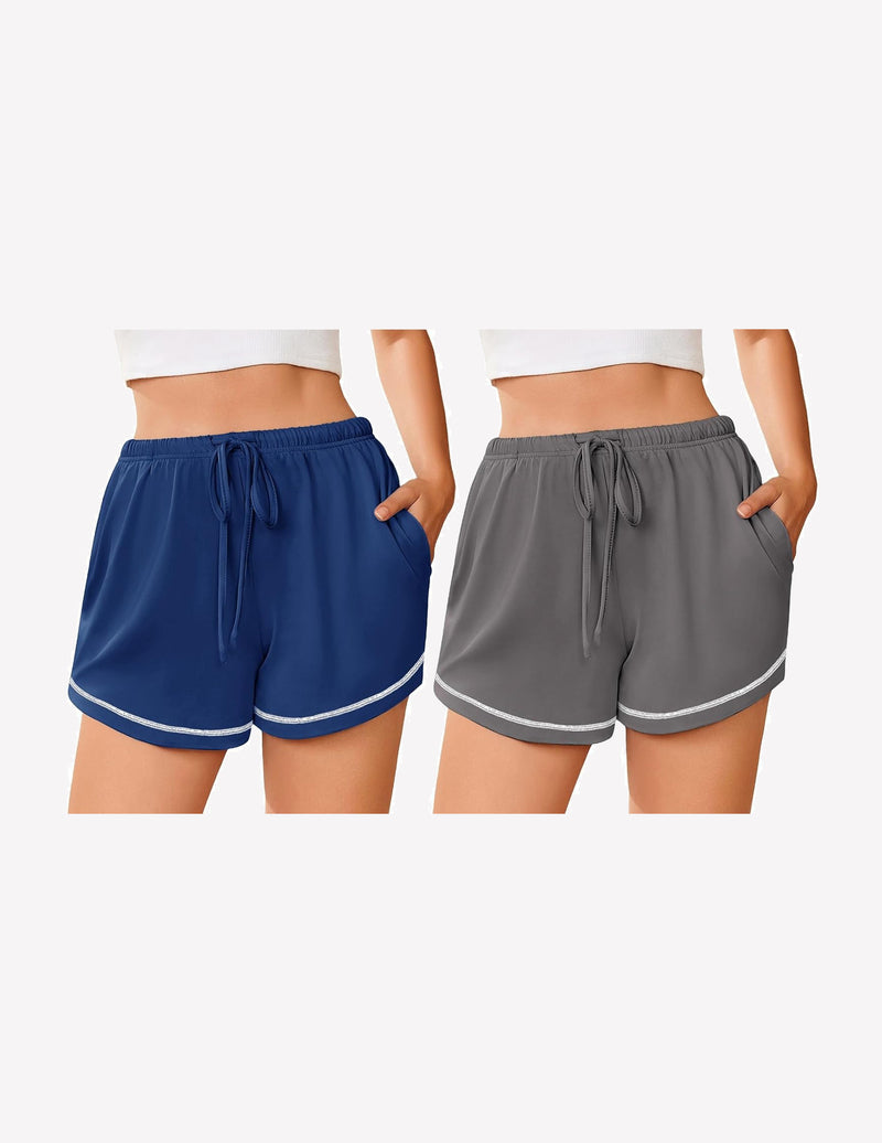 Women’s pajama shorts set, navy blue and heather gray, drawstring waistband and trim