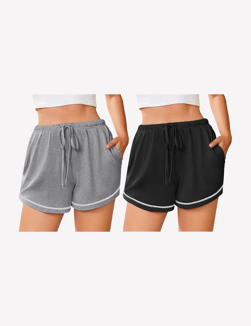 Women’s pajama shorts set, heather gray and black, drawstring waistband with contrast trim