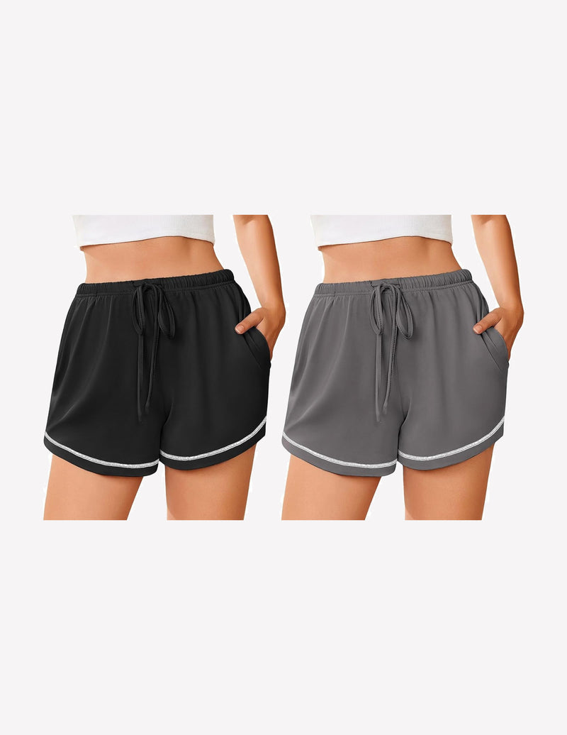 Women’s pajama shorts set, black and dark gray, drawstring waistband and side piping
