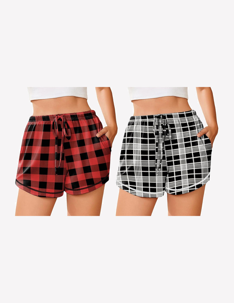 Women’s pajama shorts set, red plaid and black-and-white plaid, drawstring waistband