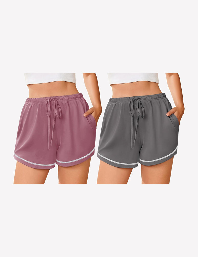 Women’s pajama shorts set, mauve and heather gray, drawstring waistband and contrast trim