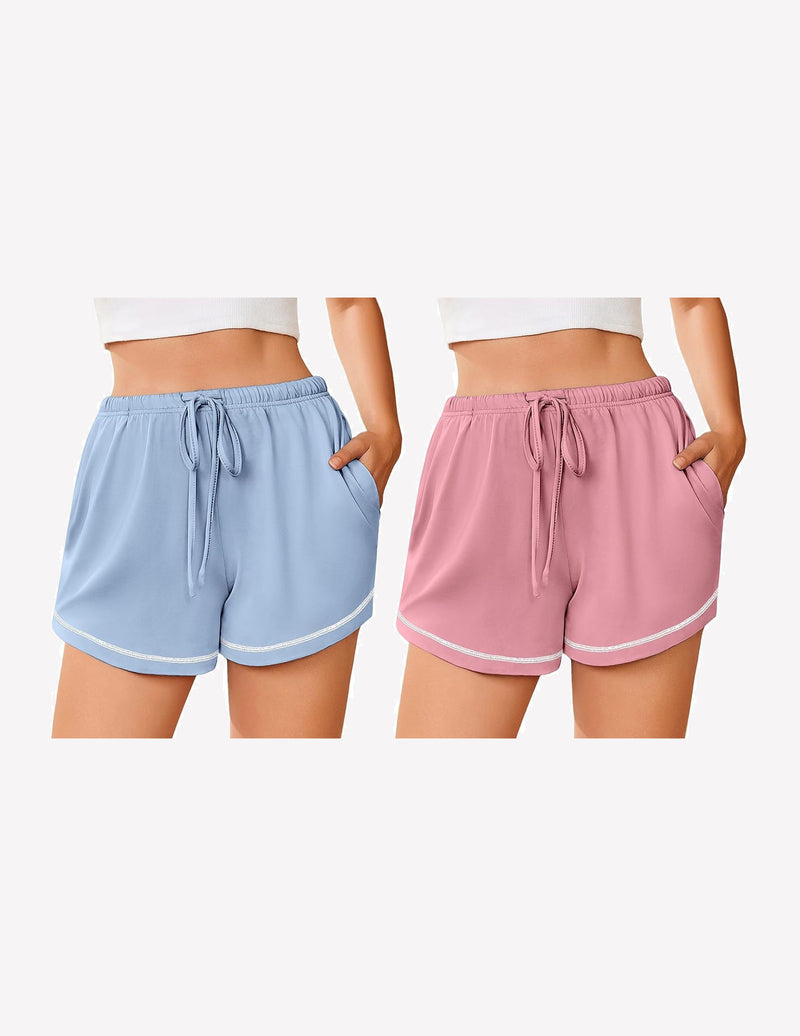 Women’s pajama shorts set, light blue and dusty pink, drawstring waistband and trim