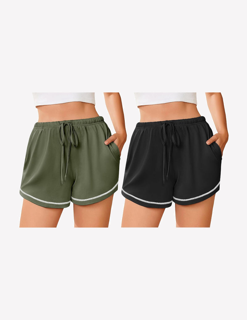 Women’s pajama shorts set, olive green and black, drawstring waist and contrast trim