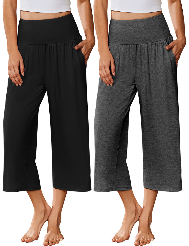 Wide-leg pajama capri pants, black and charcoal solid, elastic waist