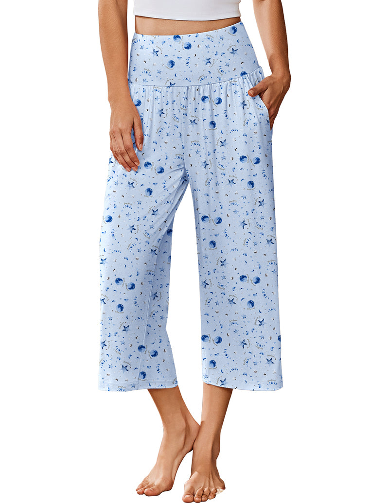 Wide-leg pajama capri pants, light blue floral print, elastic waist