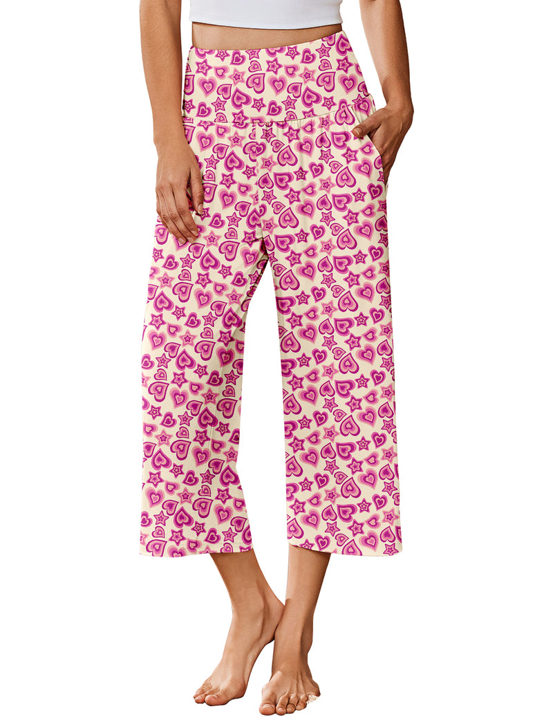 Wide-leg pajama capri pants, pink heart print, elastic waist