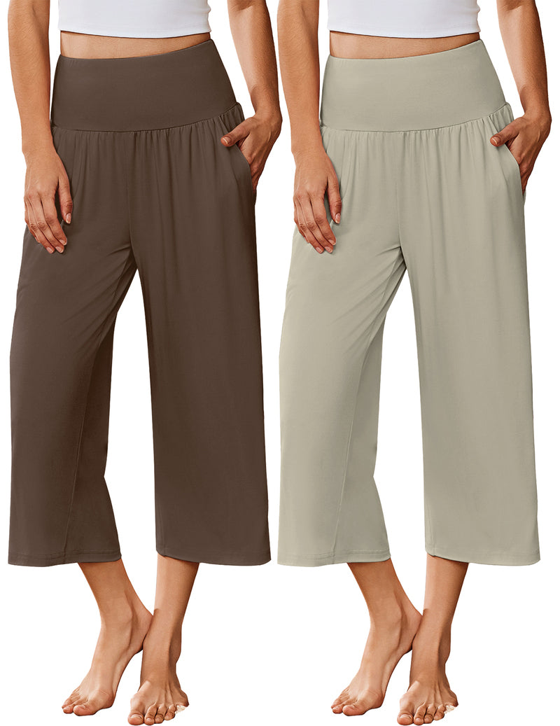 Wide-leg pajama capri pants, brown and sage solid, elastic waist