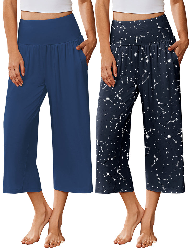 Wide-leg pajama capri pants, navy solid and black starry constellation print