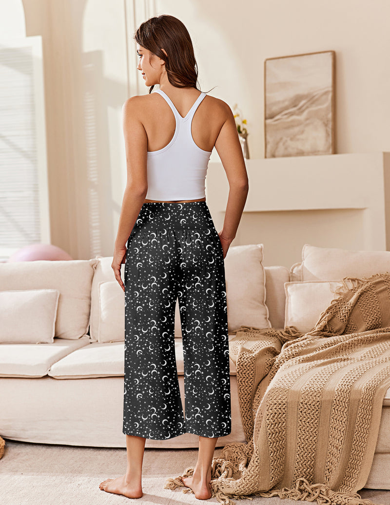 Wide-leg pajama capri pants, black with white swirl pattern, elastic waist