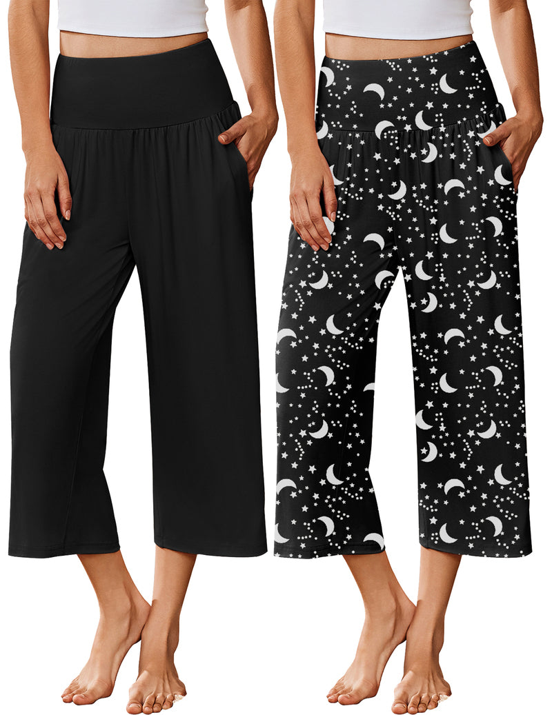 Ekouaer 2-pack wide leg capri pajama pants, black solid and moon/star print