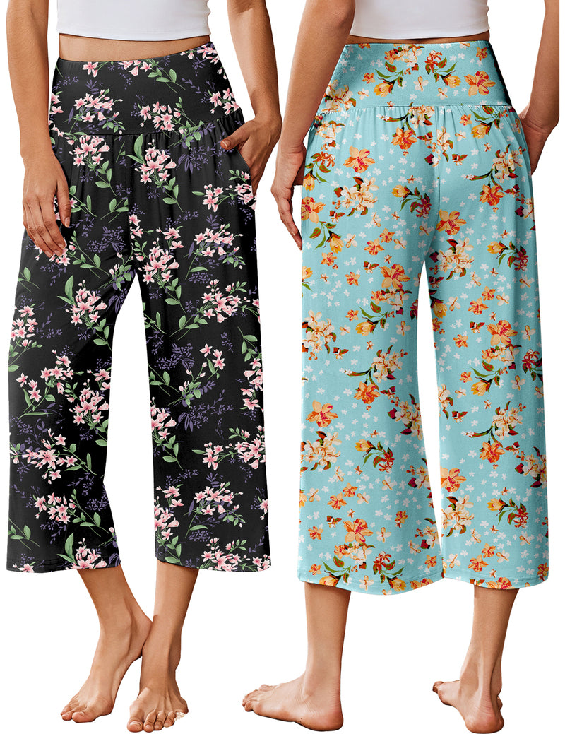 Ekouaer 2-pack wide leg capri pajama pants, floral print and blue floral print