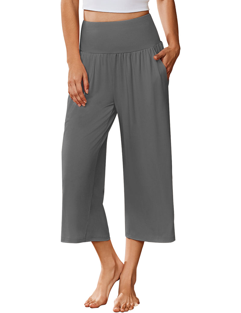 Ekouaer 2-pack wide leg capri pajama pants, dark gray solid with elastic waist