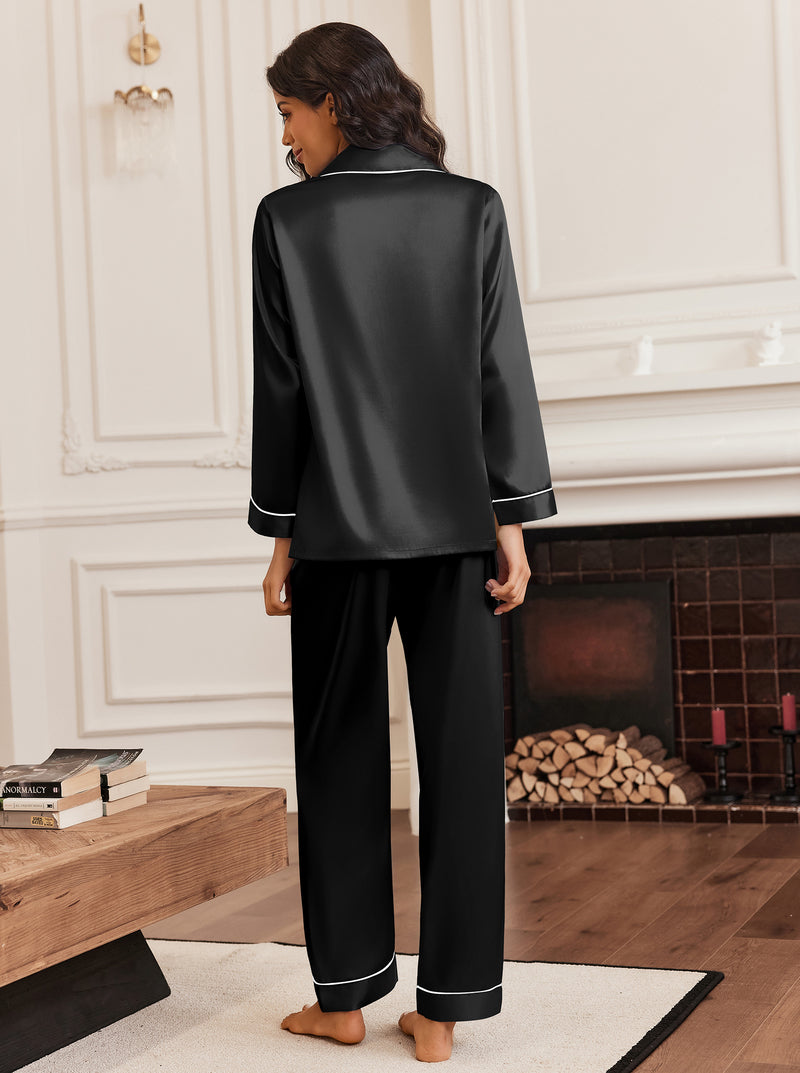 Silk Satin Pajama Set Button Up Long Sleeve Pjs Soft 2 Piece