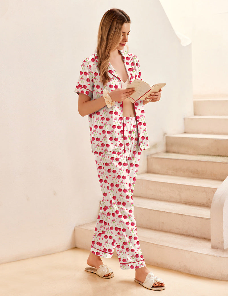 Silky satin button-down pajama set with rose print, short sleeves, button front