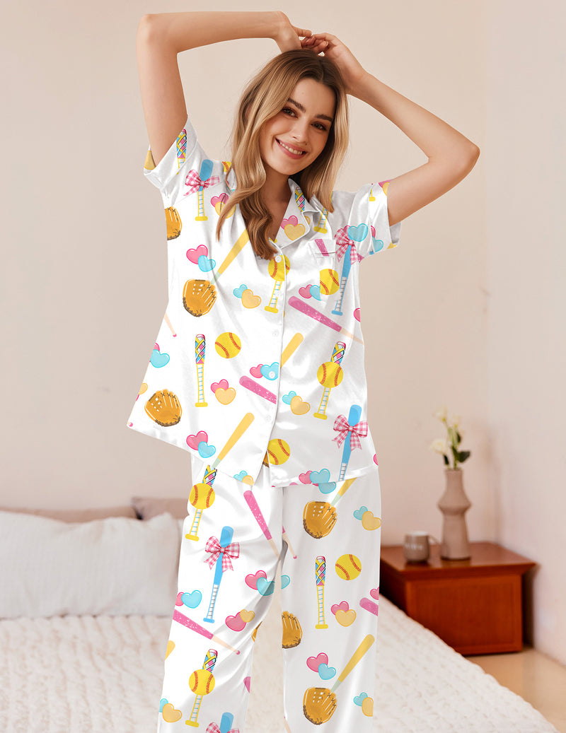Silky satin button-down pajama set with colorful lollipop and drink print, button front