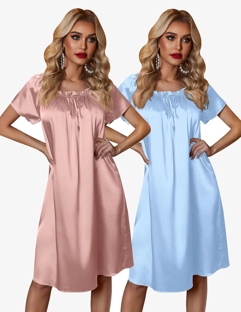 2 Pack Silk Nightgown Pleated Loose Night Shirts Dress