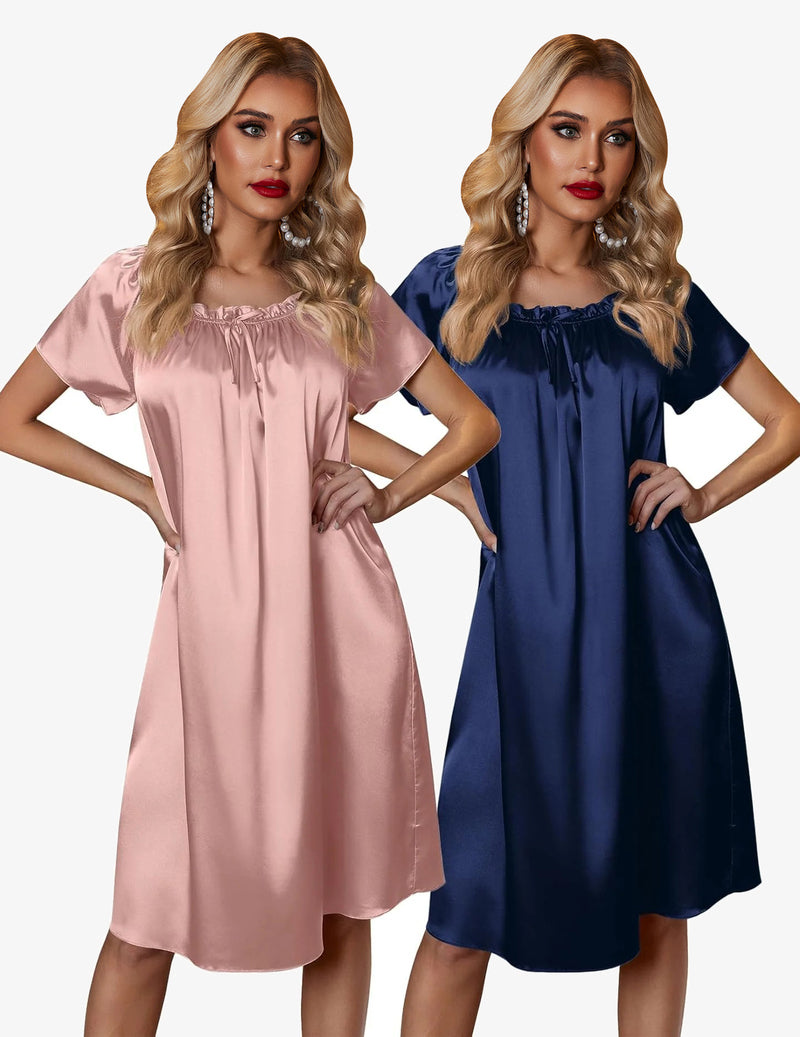 2 Pack Silk Nightgown Pleated Loose Night Shirts Dress