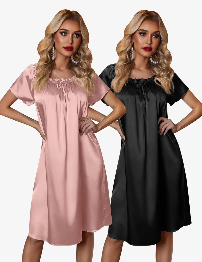 2 Pack Silk Nightgown Pleated Loose Night Shirts Dress