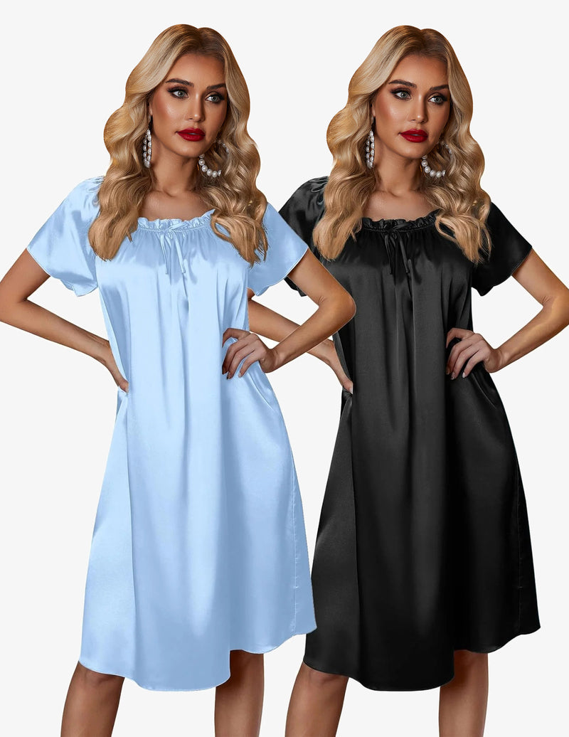 2 Pack Silk Nightgown Pleated Loose Night Shirts Dress