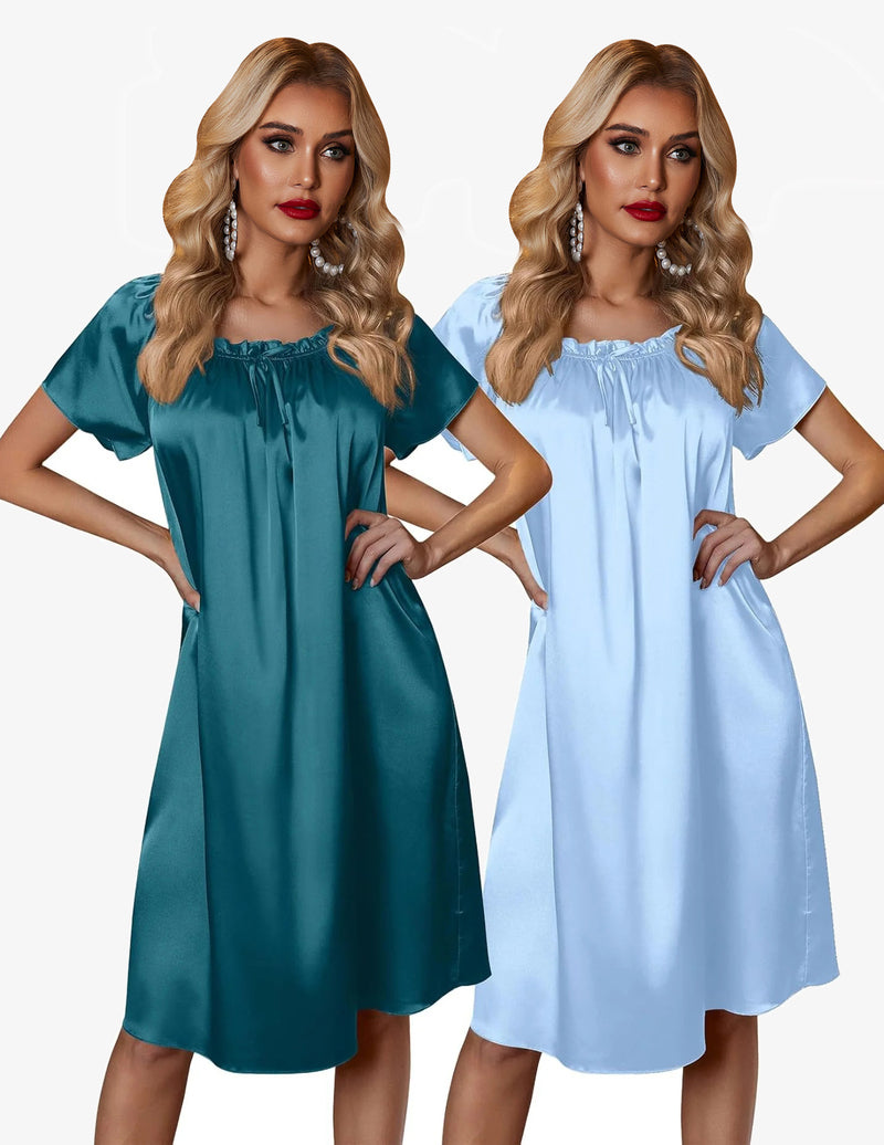 2 Pack Silk Nightgown Pleated Loose Night Shirts Dress