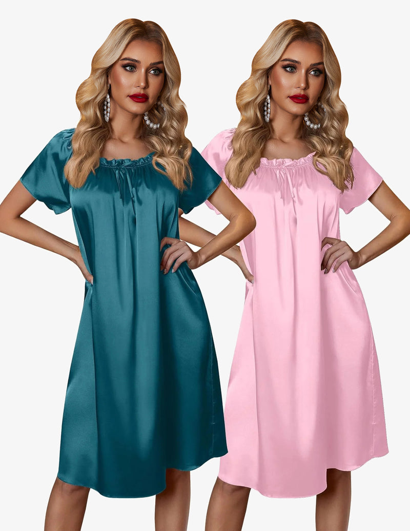 2 Pack Silk Nightgown Pleated Loose Night Shirts Dress