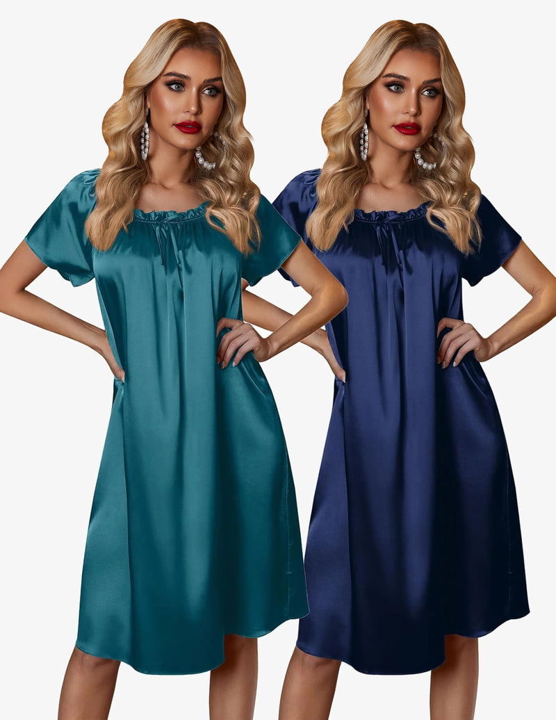 2 Pack Silk Nightgown Pleated Loose Night Shirts Dress