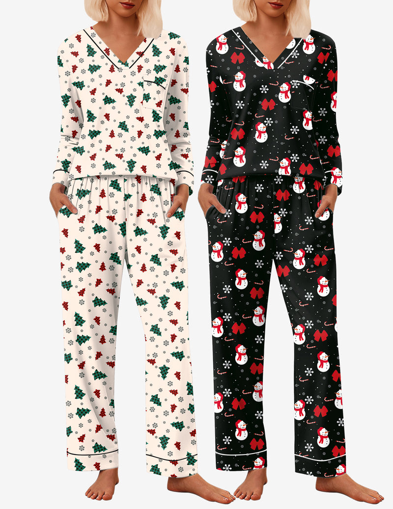 2 Pack Pajama Set Long Sleeve V Neck Pjs Sets