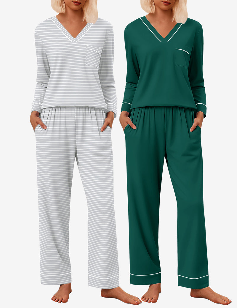 2 Pack Pajama Set Long Sleeve V Neck Pjs Sets