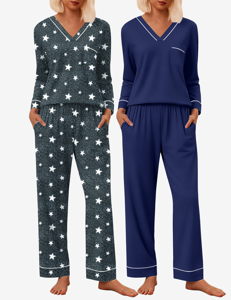 2 Pack Pajama Set Long Sleeve V Neck Pjs Sets