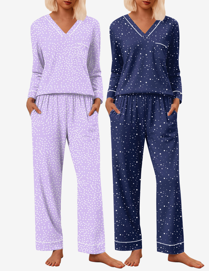 2 Pack Pajama Set Long Sleeve V Neck Pjs Sets