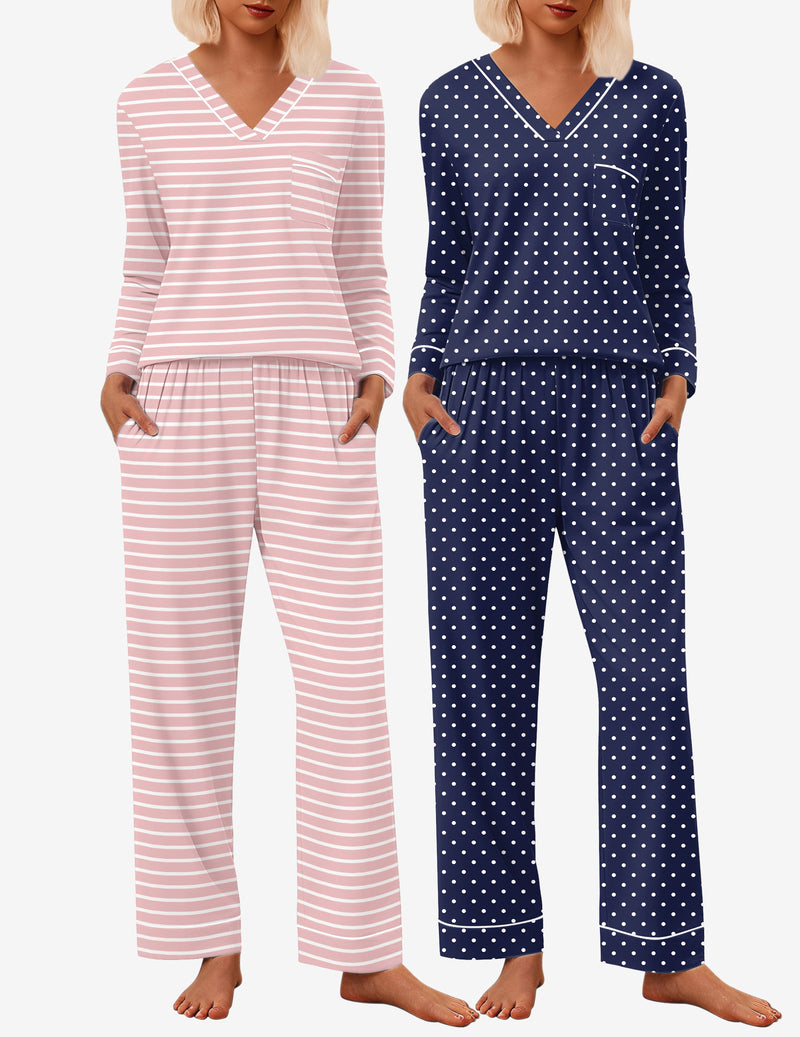 2 Pack Pajama Set Long Sleeve V Neck Pjs Sets