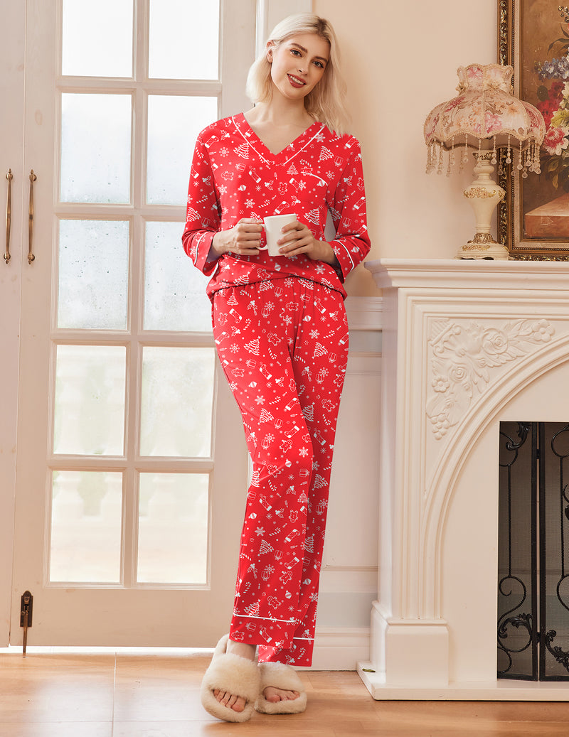 2 Pack Pajama Set Long Sleeve V Neck Pjs Sets
