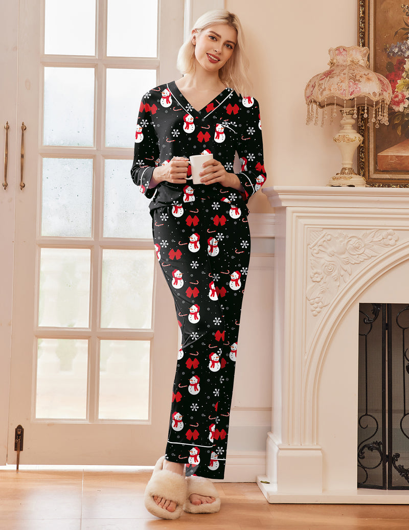 2 Pack Pajama Set Long Sleeve V Neck Pjs Sets