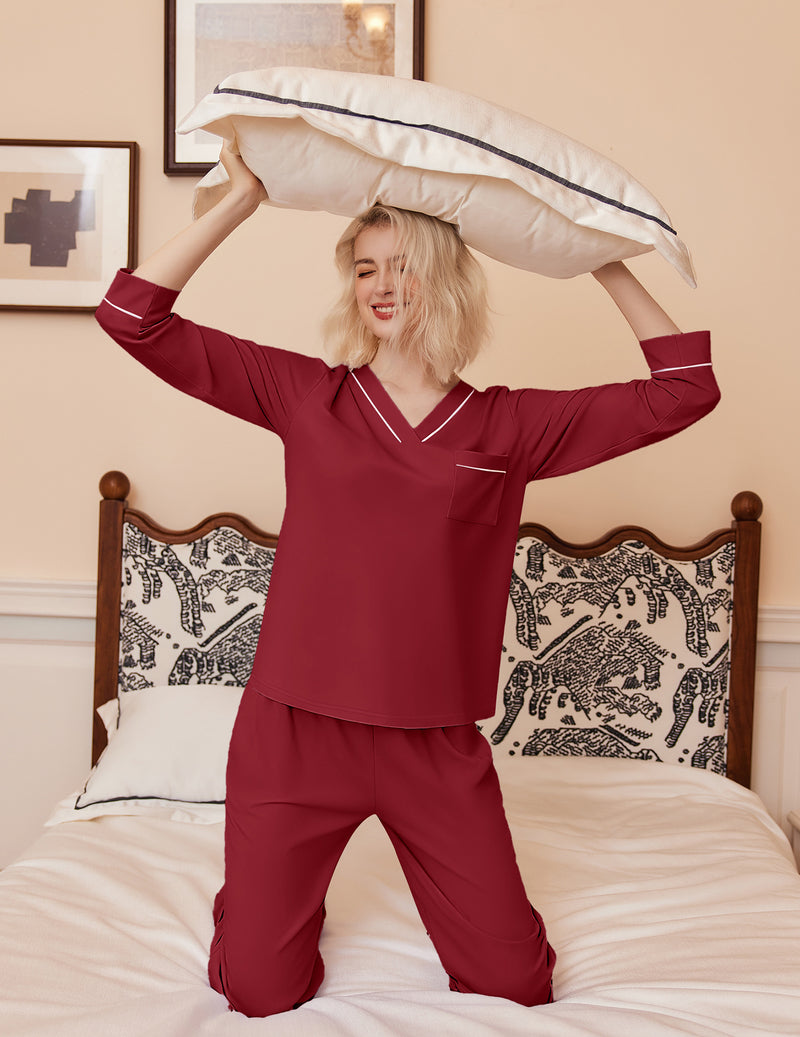 2 Pack Pajama Set Long Sleeve V Neck Pjs Sets