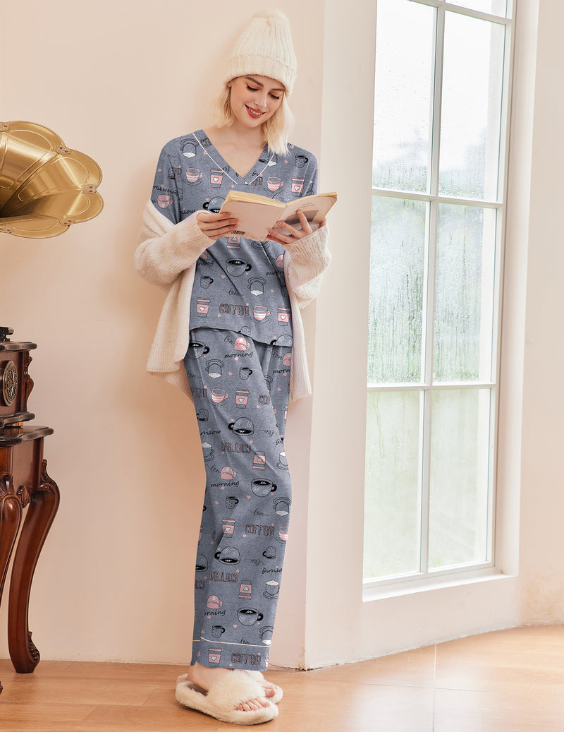 2 Pack Pajama Set Long Sleeve V Neck Pjs Sets