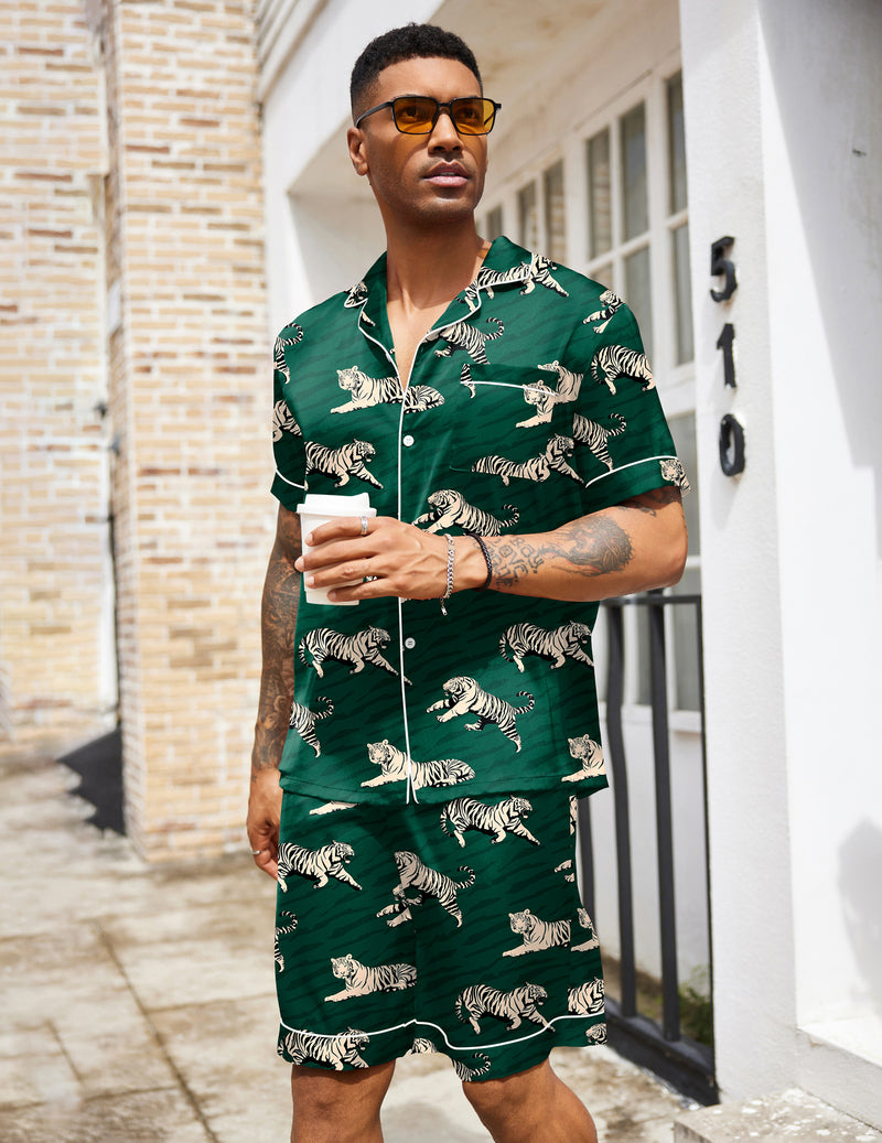 Men's silk satin pajama set, green short-sleeve button-up and matching shorts with animal print