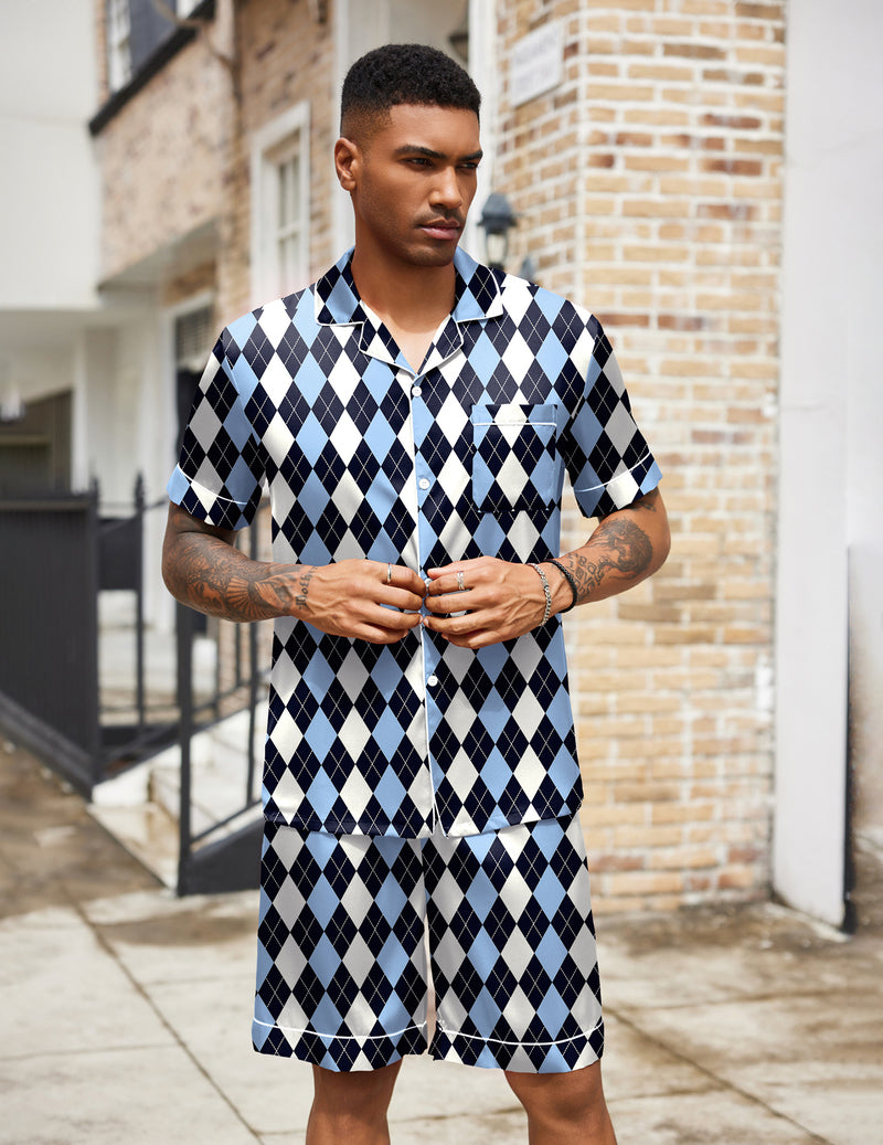 Men's silk satin pajama set, navy and white argyle short-sleeve button-up with matching shorts