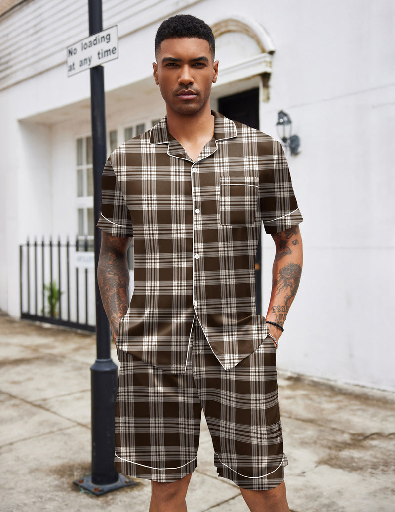 Men's silk satin pajama set, dark brown plaid short-sleeve button-up and matching shorts