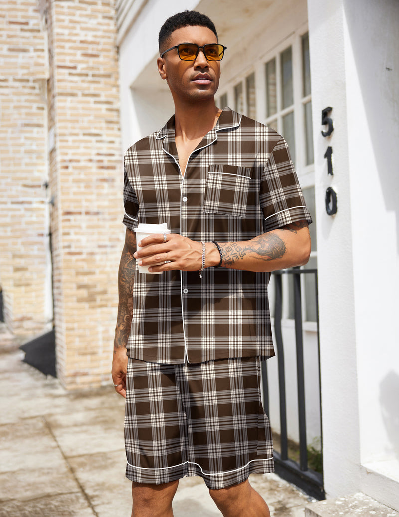 Men's silk satin pajama set, brown plaid short-sleeve button-up with matching shorts