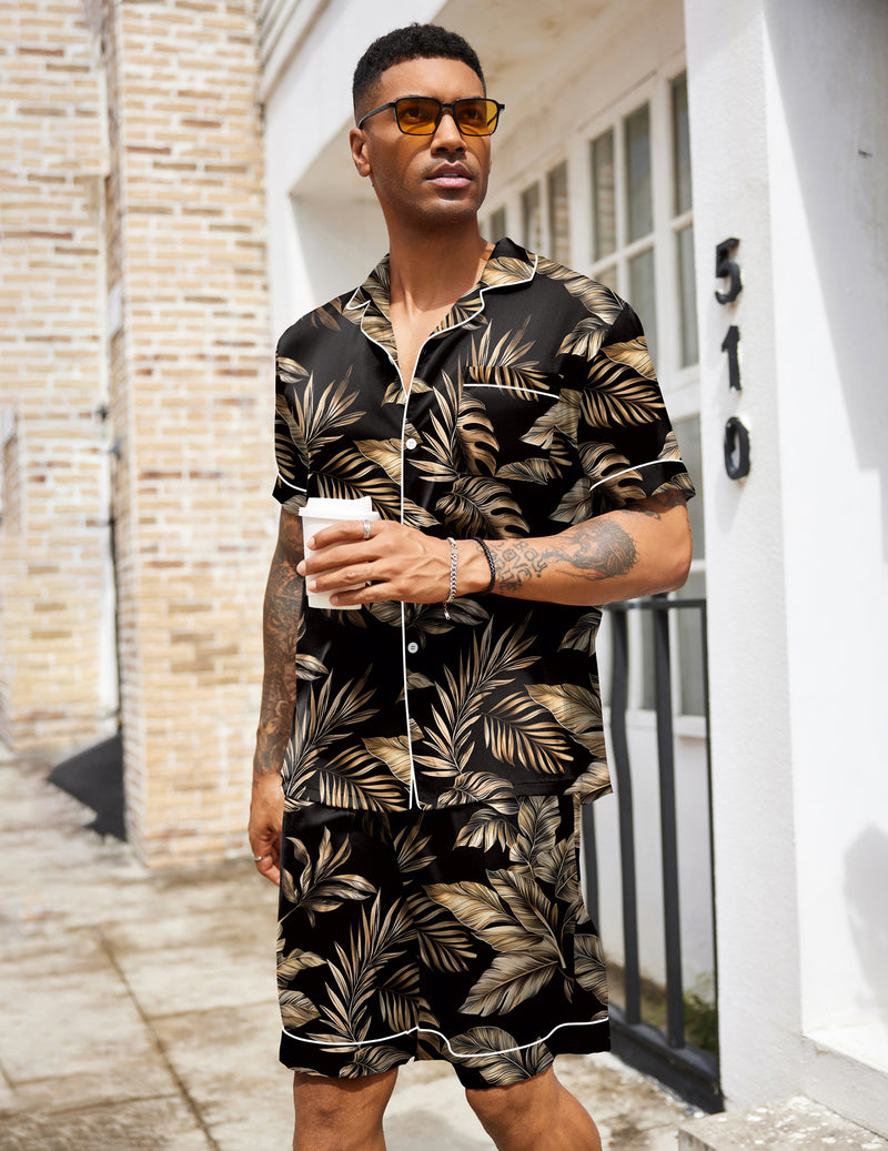 Men's silk satin pajama set, black short-sleeve button-up with palm leaf print and shorts