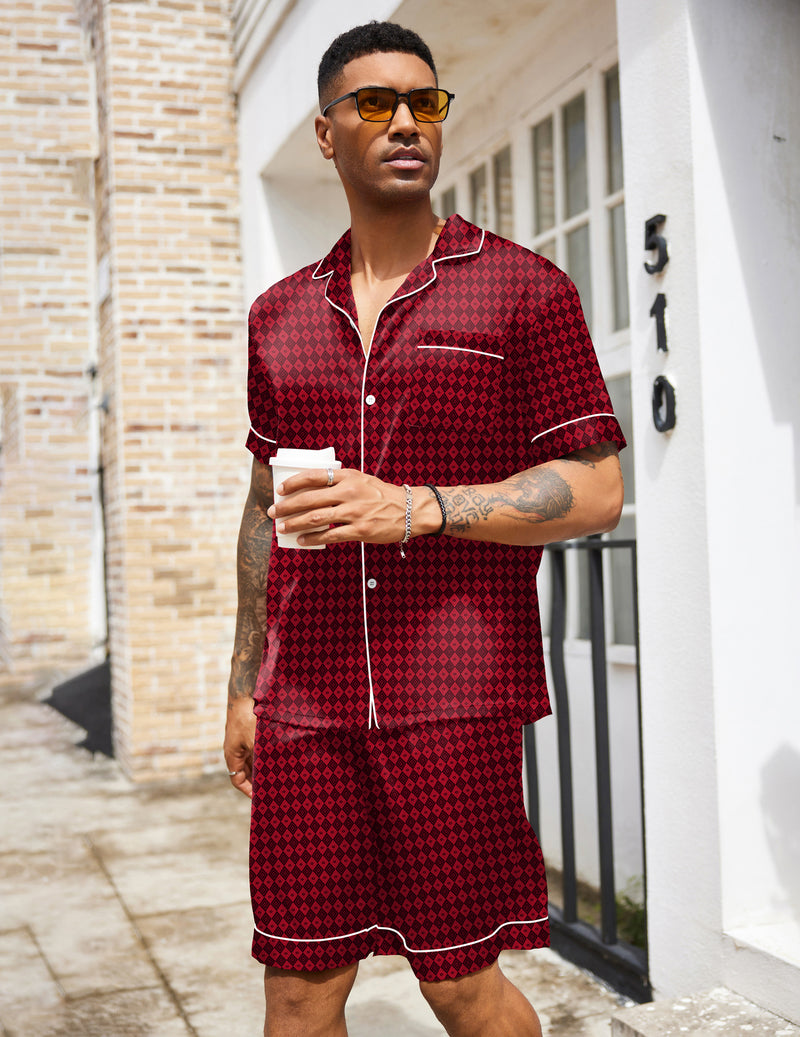 Men's silk satin pajama set, red short-sleeve button-up with small pattern and matching shorts