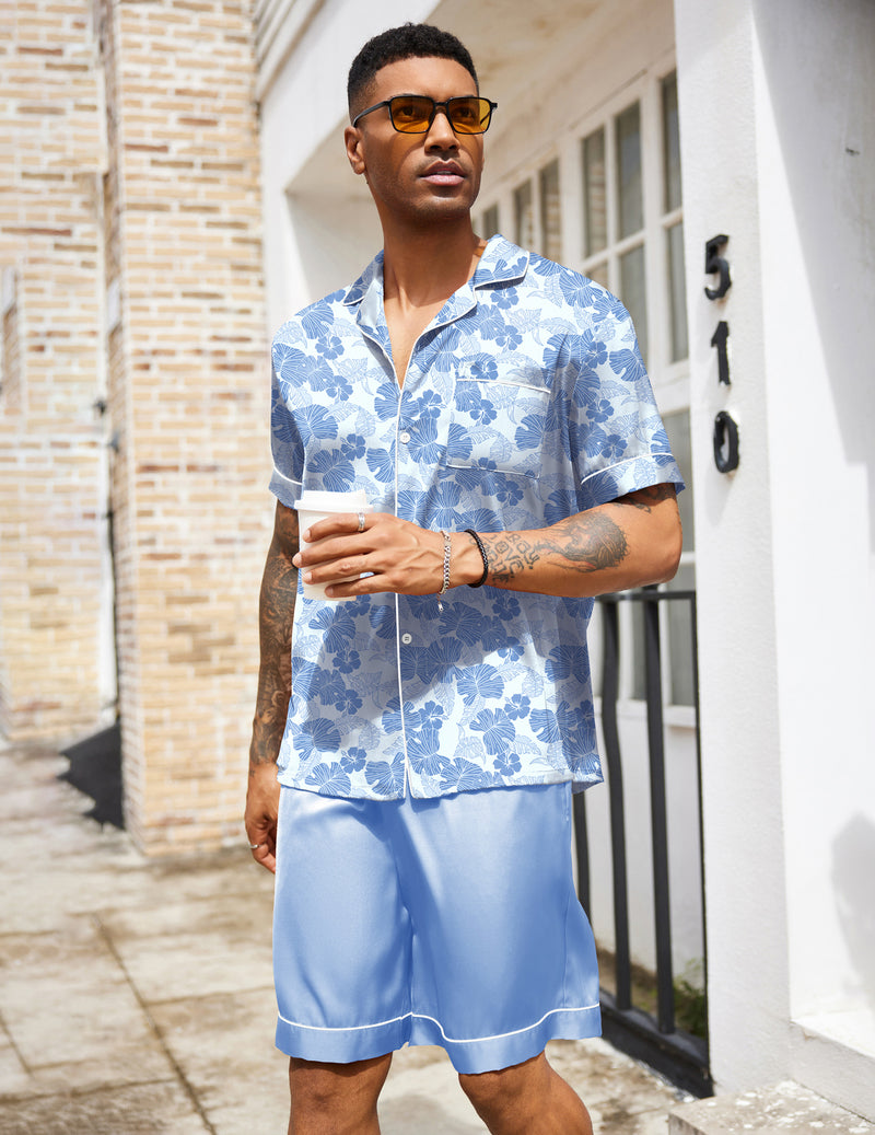 Men's silk satin pajama set, light blue patterned short-sleeve button-up and matching shorts