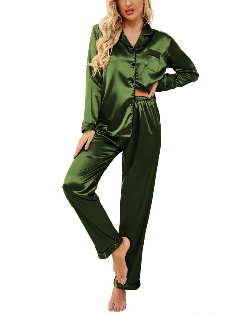 Satin Long Sleeve Notch Collar Button Down Pajama Set