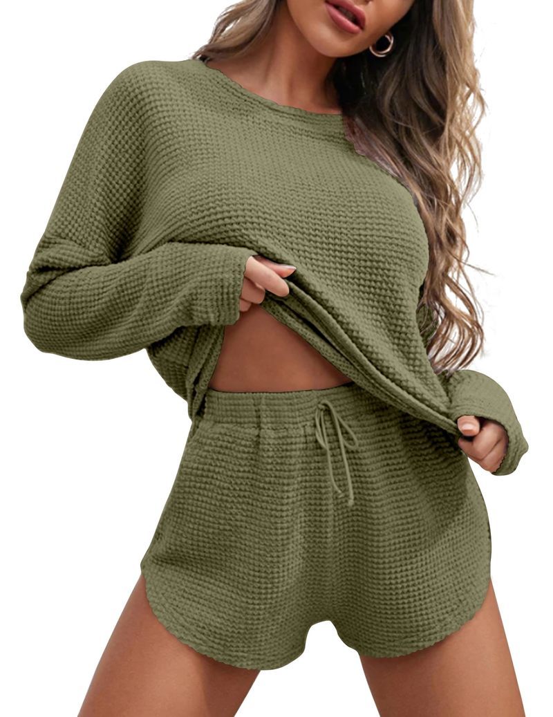 Women's waffle knit pajama set in olive green, long-sleeve top and drawstring shorts