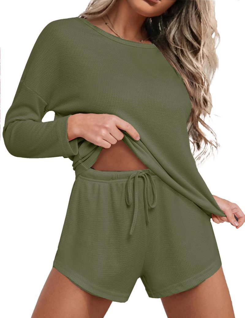 Women's waffle knit pajama set in olive green, long-sleeve top and drawstring shorts