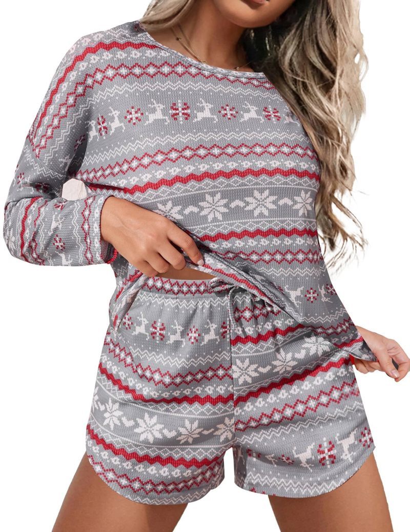 Gray fair isle lounge set: long-sleeve crew top and shorts with pockets