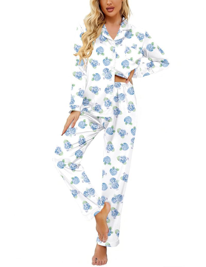 Printed Satin Long Sleeve Notch Collar Button Down Pajama Set