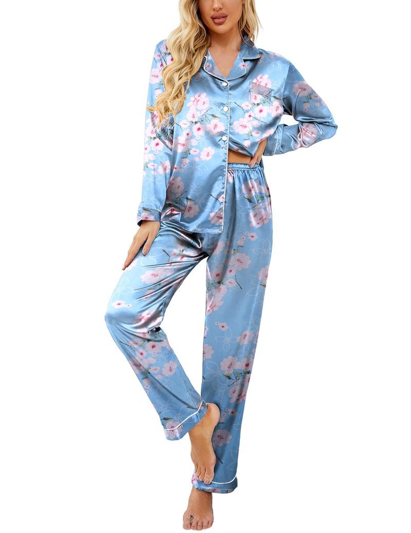 Printed Satin Long Sleeve Notch Collar Button Down Pajama Set