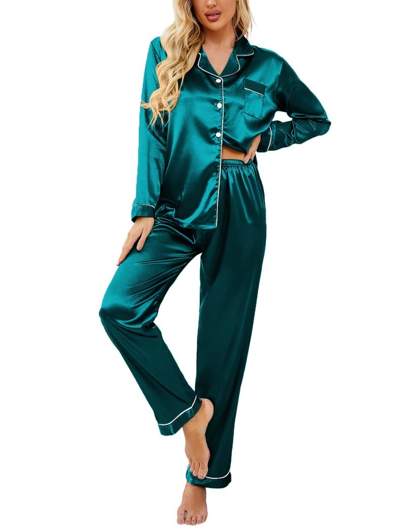 Satin Long Sleeve Notch Collar Button Down Pajama Set